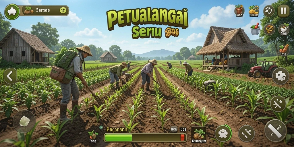 Tangkapan layar gameplay 77AG yang menampilkan pertanian yang aktif dan berwarna.