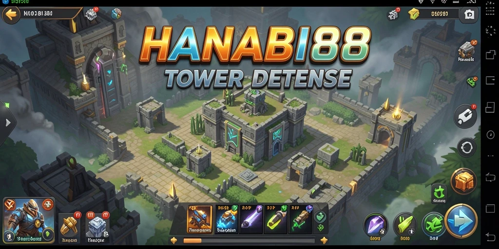Tangkapan layar gameplay HANABI88 menunjukkan aksi Tower Defense yang intens.