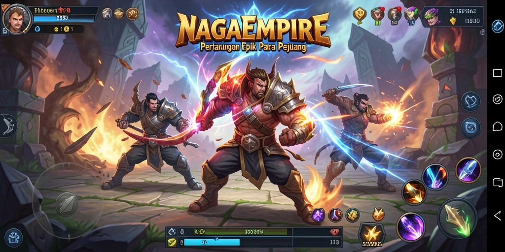 Tangkapan layar permainan NAGAEMPIRE yang menunjukkan aksi pertarungan yang intens.
