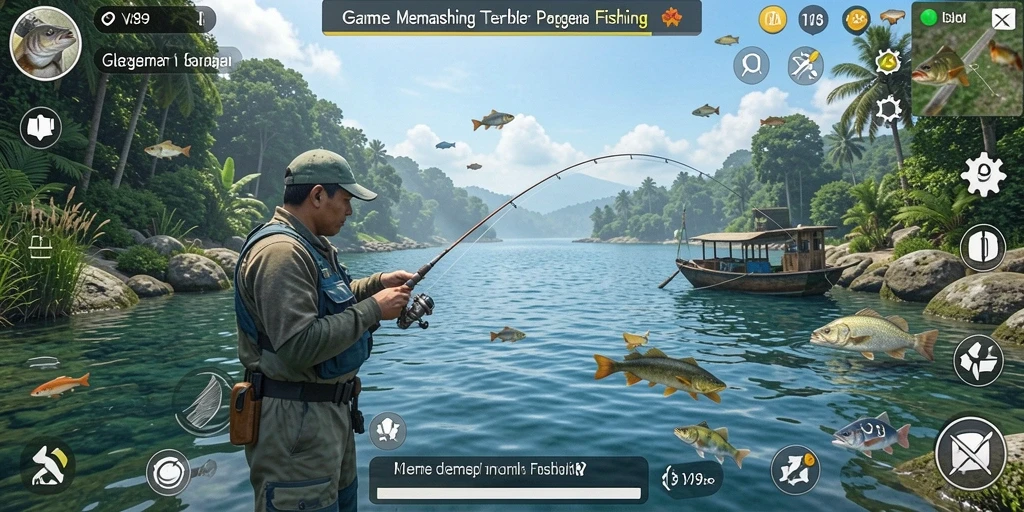 Tampilan gameplay V89 yang menampilkan suasana memancing yang realistis.